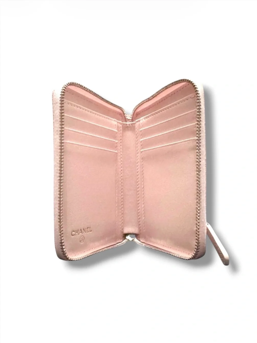 🆕🩷CHANEL LIGHT PINK Zipped Card Wallet Purse Shiny Grained Calfskin (CAVIAR) GHW